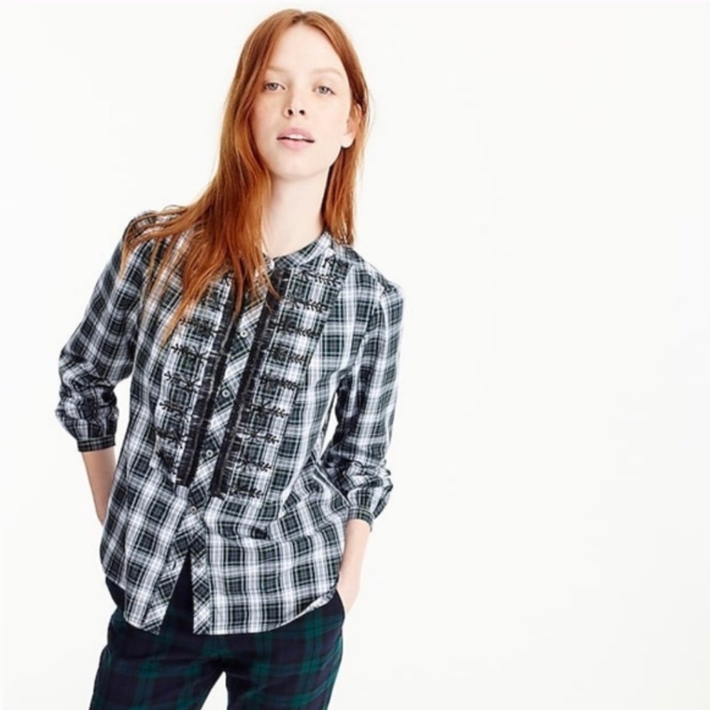 J. Crew Petite Embellished Button-Up Shirt in Forest Tartan